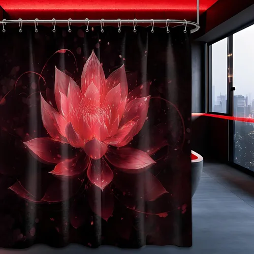 Vista 53 de Cortina de ducha con flores de loto negro y azul para decoración de baño, juego de cortinas decorativas de baño con estampado floral, tela