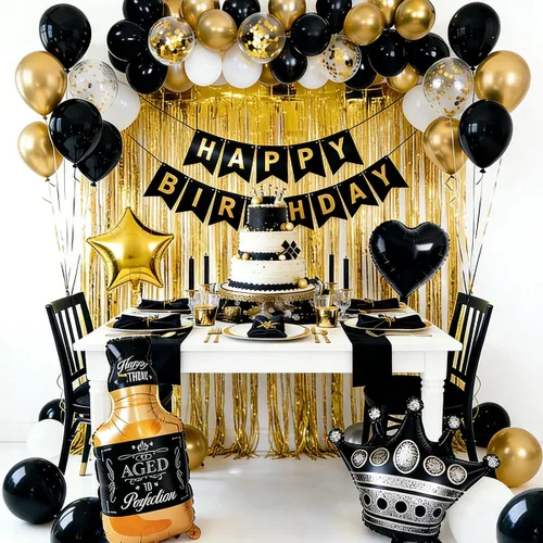 Vista 3 de Decoraciones de cumpleaños negras y doradas con pancarta de feliz cumpleaños, cortinas, botella, corona, globos de estrella de corazón y luz LED