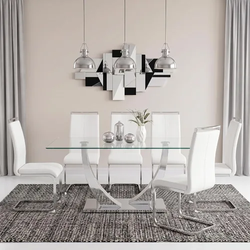 Vista 18 de Juego de mesa de comedor de 63 pulgadas para 4, juego de mesa de comedor dorado moderno para 4, juego de mesa de cocina de mármol sintético