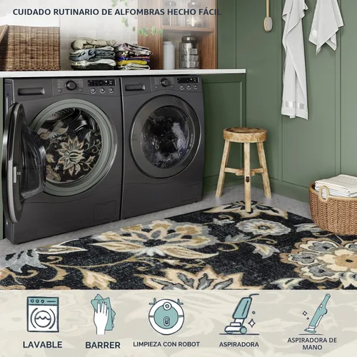 Vista 6 de Lahome - Tapete floral con estampado de cachemira, lavable, antideslizante, pequeño, anti-manchas, suave, para baño, entrada, dormitorio, Negro