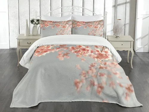 Vista 2 de Ambesonne Juego de colcha de durazno, paisaje japonés, árbol de Sakura, flor de cerezo, fotografía de naturaleza en primavera, colcha decorativa