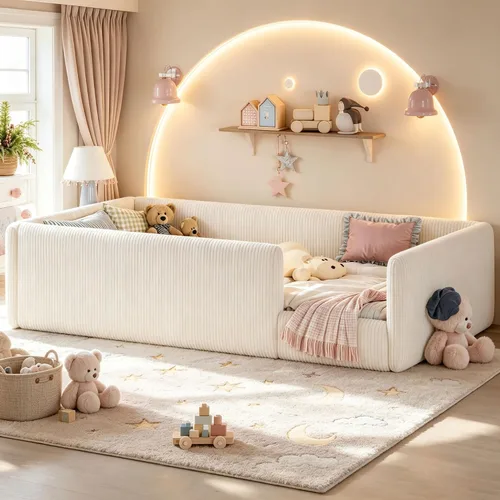 Vista 21 de Cama de suelo tapizada con valla, cama de piso tamaño individual con Beige
