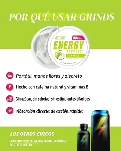Vista 4 de Bolsas de energía Grinds - Bolsas de cafeína natural - Contiene vitaminas B, sin azúcar y 0 calorías - 80 mg de cafeína en cada bolsa - Genciana