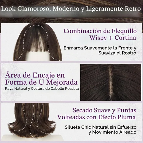 Vista 3 de BARSDAR Synthetic Short Layered Brown Highlights Bob Wig with Wispy Bangs