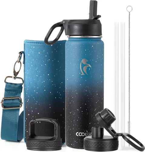 Vista 55 de Coolflask Botella de agua de 20 onzas aislada con pajilla, 3 tapas de metal de acero inoxidable, botella de agua de boca ancha para deportes u