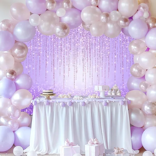 Vista 2 de Avezano Telón de fondo morado con purpurina para fiesta de cumpleaños de niñas, sesión de fotos dulce de 16, color morado brillante, bokeh, fiestas
