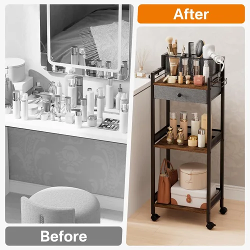 Vista 7 de Organizadores de almacenamiento de baño con cajón, unidad rodante de pie de metal de 3 niveles con soporte para papel higiénico, estante