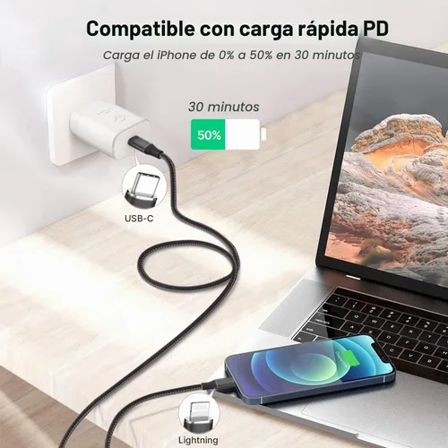 Vista 4 de Cable USB C a Lightning [certificado Apple MFi] Paquete de 2 cables de carga rápida para iPhone de 1 pie, cable de carga tipo C compatible