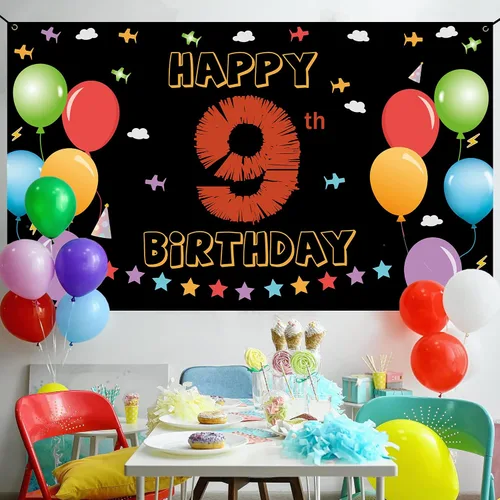 Vista 5 de Cartel de fondo de 9º cumpleaños, decoraciones de feliz 9º cumpleaños para niñas y niños, cartel de cumpleaños de 9 años, colorido fondo de fiesta