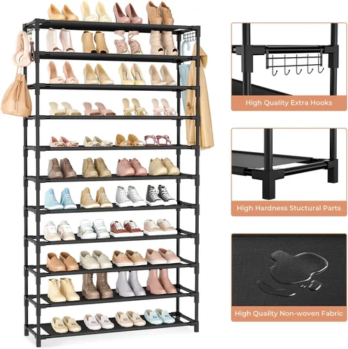 Vista 4 de VILICK Zapatero ancho de 11 niveles, 55 pares de gran capacidad, resistente, duradero, para armario, organizador de zapatos de metal con dos Negro
