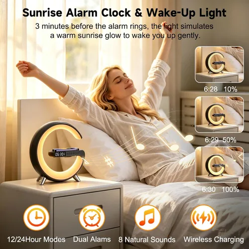 Vista 4 de 4 In 1 Smart LED Table Lamp, Alarm Clock, Bluetooth Speaker, Wireless Charger, App Control Night Light Bedside Lamp with Fast Charging Station for