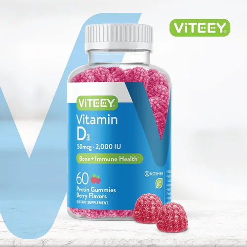 Vista 2 de Viteey Gomitas de vitamina D3 para adultos y adolescentes, 2,000 UI, 50 mcg, fuerza regular, salud muscular, refuerzo inmunológico, gomitas