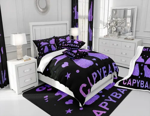 Vista 7 de Feelyou Juego de edredón de dibujos animados de Capybara, tamaño individual con 1 funda de almohada, juego de ropa de cama con estampado