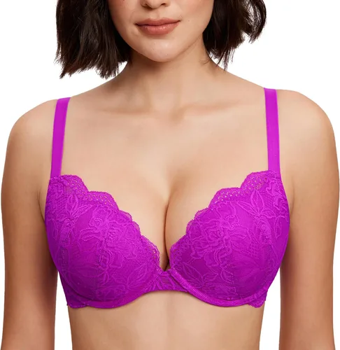 Vista 8 de DOBREVA - Brasier de encaje con efecto push up para mujer, con aros, con inmersión, cobertura completa, sexy, talla grande, con soporte Beige