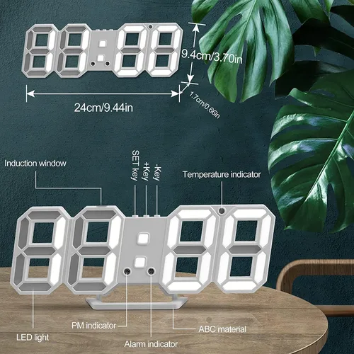 Vista 13 de Reloj despertador de pared digital LED 3D, 9.5 pulgadas, 3 brillos de 12/24 horas, color blanco