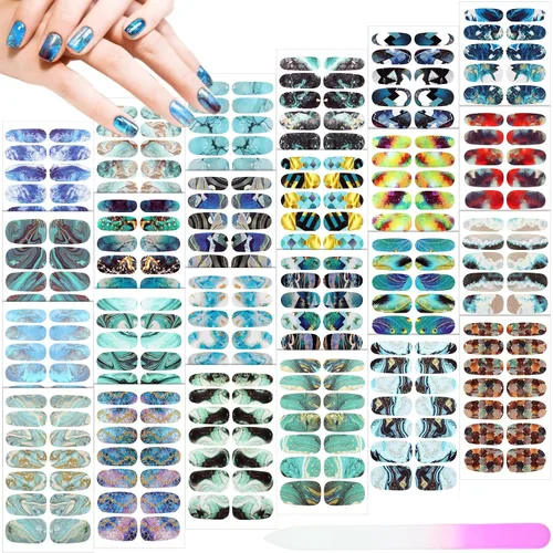 Vista 9 de Maitys 336 piezas de 24 hojas de tiras de esmalte de uñas de envoltura completa, autoadhesivas, tiras de uñas de gel, calcomanías de arte con lima
