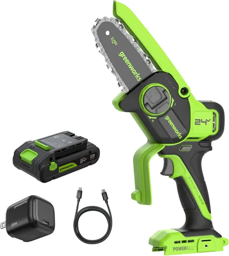 Vista 13 de Greenworks Mini motosierra sin escobillas de 24 V y 4 pies (engrasador automático, tensión sin herramientas, ultraligera), batería y cargador