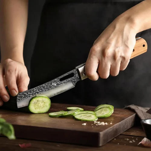 Vista 3 de SENBON Cuchillo de chef plegable de bolsillo súper afilado 440A forjado, cuchillo práctico, cuchillo de fruta, mango de oliva natural, para acampar