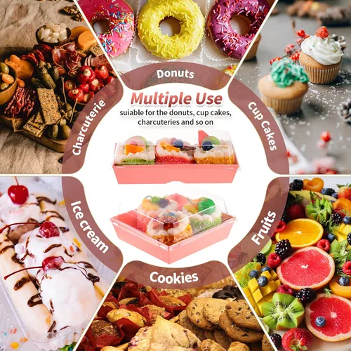 Vista 4 de Gejoy 100 cajas de charcutería rosa de 2 tamaños con tapas transparentes, cajas de postre de papel desechables, recipientes de postre de alimentos