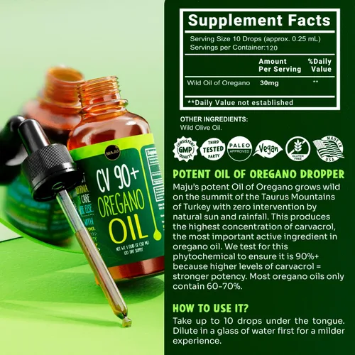 Vista 6 de Maju Superfoods Gotas de Aceite de Orégano, Potente 90%+ Carvacrol (1 fl Oz) Aceite Esencial Líquido de Orégano Mediterráneo Silvestre, Aceite