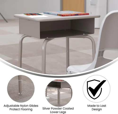 Vista 4 de Flash Furniture Billie - Escritorio para estudiantes – Escritorio escolar de granito gris – Marco de metal plateado – 24 pulgadas de ancho x 18