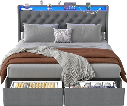 Vista 9 de Base de cama matrimonial tapizada con respaldo alero con 2 cajones de almacenamiento y luces LED