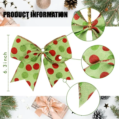 Vista 2 de DIYDEC 12 lazos ornamentales de Navidad de 6.3 pulgadas, lazos grandes para corona de Navidad, rojo y verde, lazos para árbol de Navidad con puntos