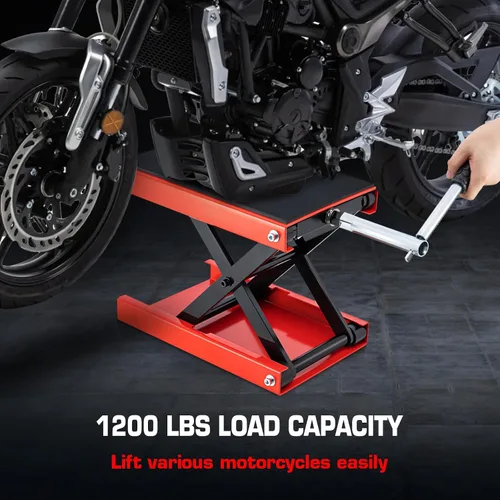 Vista 6 de Gato de motocicleta de 1200 libras, soporte de elevación de motocicleta para motocross, ATV, gato de tijera con manivela y barra disyuntora (rojo)