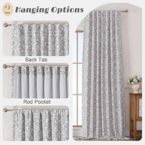 Vista 4 de Cortinas Totalmente Opacas Grises de 63 Pulgadas de Largo, Juego de 2 Paneles para Dormitorio y Sala de Estar, Estampado de Medallón, Doble Capa
