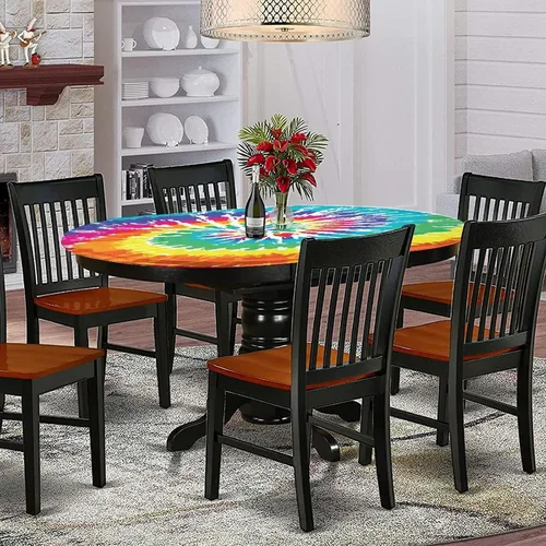 Vista 2 de Mantel ajustable ovalado de poliéster con bordes elásticos y arcoíris, diseño de grunge Ikat, estampado psicodélico, se adapta a mesas ovaladas