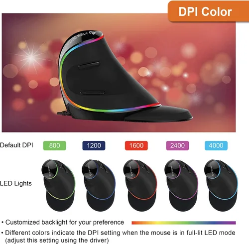Vista 3 de J-Tech Digital Ratón ergonómico con cable mouse vertical RGB para juegos con 5 ajustes de DPI ajustables de hasta 4000 DPI mouse de computadora