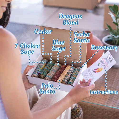 Vista 4 de Kit de 7 Salbias para Limpiar con Salvia Azul, Salvia Blanca de 7 Chakras, Cedro, Sangre de Dragón, Romero, Yerba Santa, Palo Santo Salvia Blanca