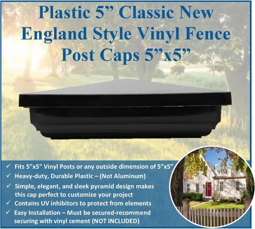 Vista 7 de Tapones de plástico negro de 5 pulgadas para valla de vinilo estilo clásico de Nueva Inglaterra, tapa de poste de 5 x 5 pulgadas para postes