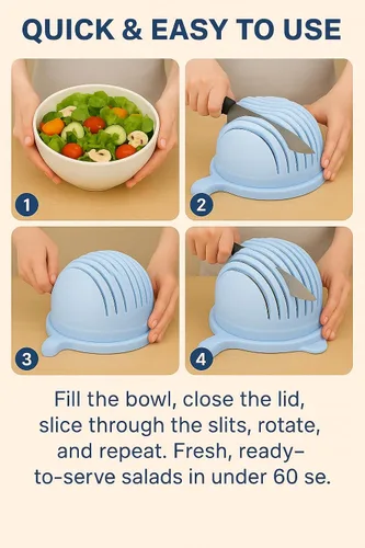 Vista 2 de Cortador de ensaladas rápido, cortador de ensalada, dados rápidamente frutas y verduras, comidas saludables sin BPA y ensaladas en minutos, Azul