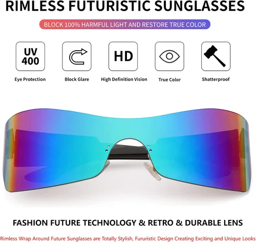 Vista 5 de FEISEDY Gafas de sol envolventes futuristas sin montura para mujeres y hombres con visera punk B2329