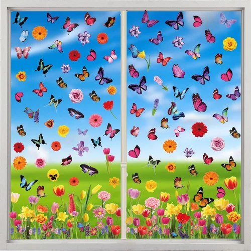 Vista 4 de Calcomanías de primavera para ventana, encanta tus ventanas de cristal con 127 piezas en 9 hojas, diseños de tulipanes, mariposas y flores para una
