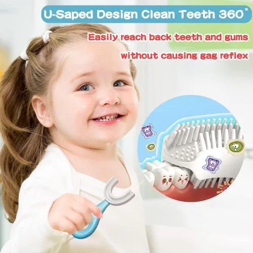 Vista 2 de YOTEE Cepillo de dientes en forma de U para niños, 2 piezas, cepillo de dientes para niños pequeños con cabezal de cepillo de silicona suave
