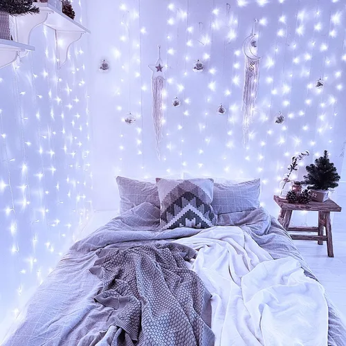Vista 2 de JMEXSUSS Luces de cortina blancas y luces de red, 8 modos para arbustos enchufables, tira de luces de Navidad impermeables para arbustos, techo