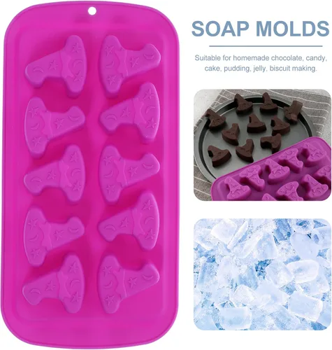 Vista 7 de Amosfun Sombrero de bruja Bandeja de cubitos de hielo de silicona Moldes de chocolate 10 cavidades para hornear Halloween Molde de mago Sombrero