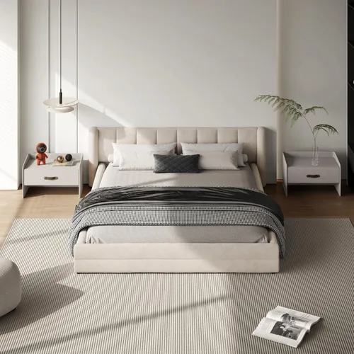 Vista 7 de Marco de cama tamaño Queen con cabecero suave tipo nube, base de cama de madera con tapizado de chenilla, no necesita somier - Beige Marco de cama