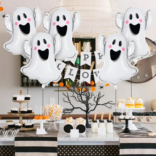 Vista 2 de 6 globos de fantasma de Halloween, globos de aluminio con forma de fantasma blanco, globos grandes de Mylar para decoración de fiesta temática