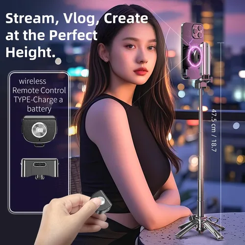 Vista 6 de Trípode magnético para teléfono, palo selfie portátil 4 en 1, trípode extensible plegable de tamaño de bolsillo para iPhone, palo selfie con control