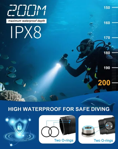 Vista 2 de Linterna de buceo de buceo de 2000 lúmenes impermeable submarino XM-L2 LED submarino luces titular con cargador para bajo el agua cueva de mar