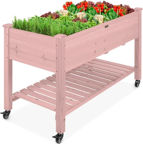 Vista 8 de Best Choice Products Cama de jardín elevada de 48 x 24 x 32 pulgadas, maceta móvil de madera elevada con ruedas bloqueables, estante