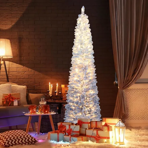 Vista 2 de GOFLAME - Árbol de Navidad artificial de 6 pies con luces LED blancas cálidas preiluminadas, árbol de Navidad con flecos de nieve, 435 puntas
