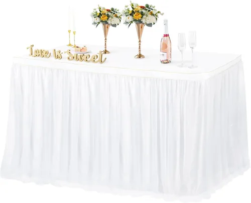 Vista 8 de Faldas de mesa de tul champán de 6 pies para cubiertas de mesas rectangulares, falda de mesa de tela tutú con volantes, 72X30.3'' mantel de tul