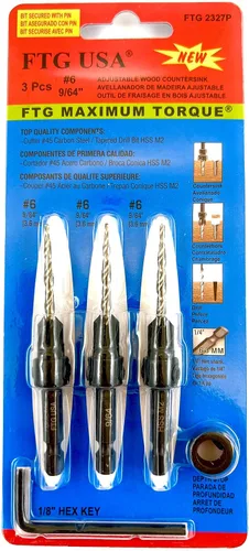 Vista 36 de FTG USA Juego de 3 brocas avellanadoras ajustables para madera #4 (7/64 pulgadas) con broca cónica para carpintería