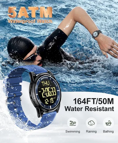 Vista 85 de Beeasy - Reloj digital de pulsera resistente al agua con cronómetro, alarma, cuenta regresiva, doble zona horaria, ultrafino, pantalla angular muy