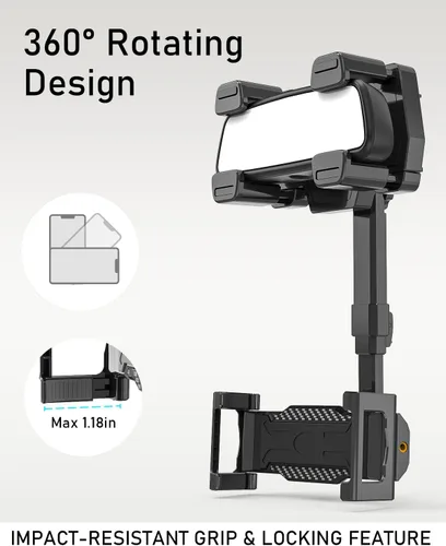 Vista 3 de Soporte para tablet de espejo retrovisor de coche para tabletas y teléfonos de 6 a 15.6 pulgadas Mounts securely to your rearview mirror with a