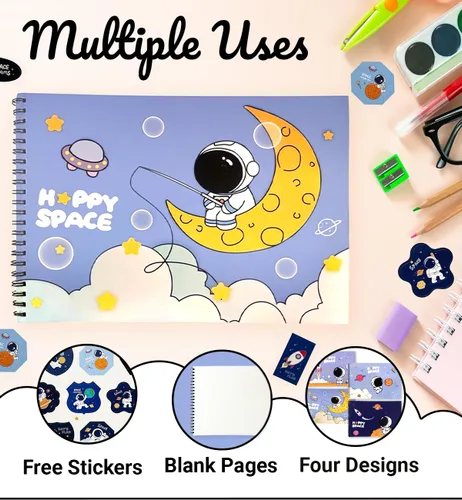Vista 4 de 4 pack blank books for kids to write stories,comes with stickers,drawing book, 15 sheets 11.4x8.2 inch, A4 size, blank journal notebook, sketch book